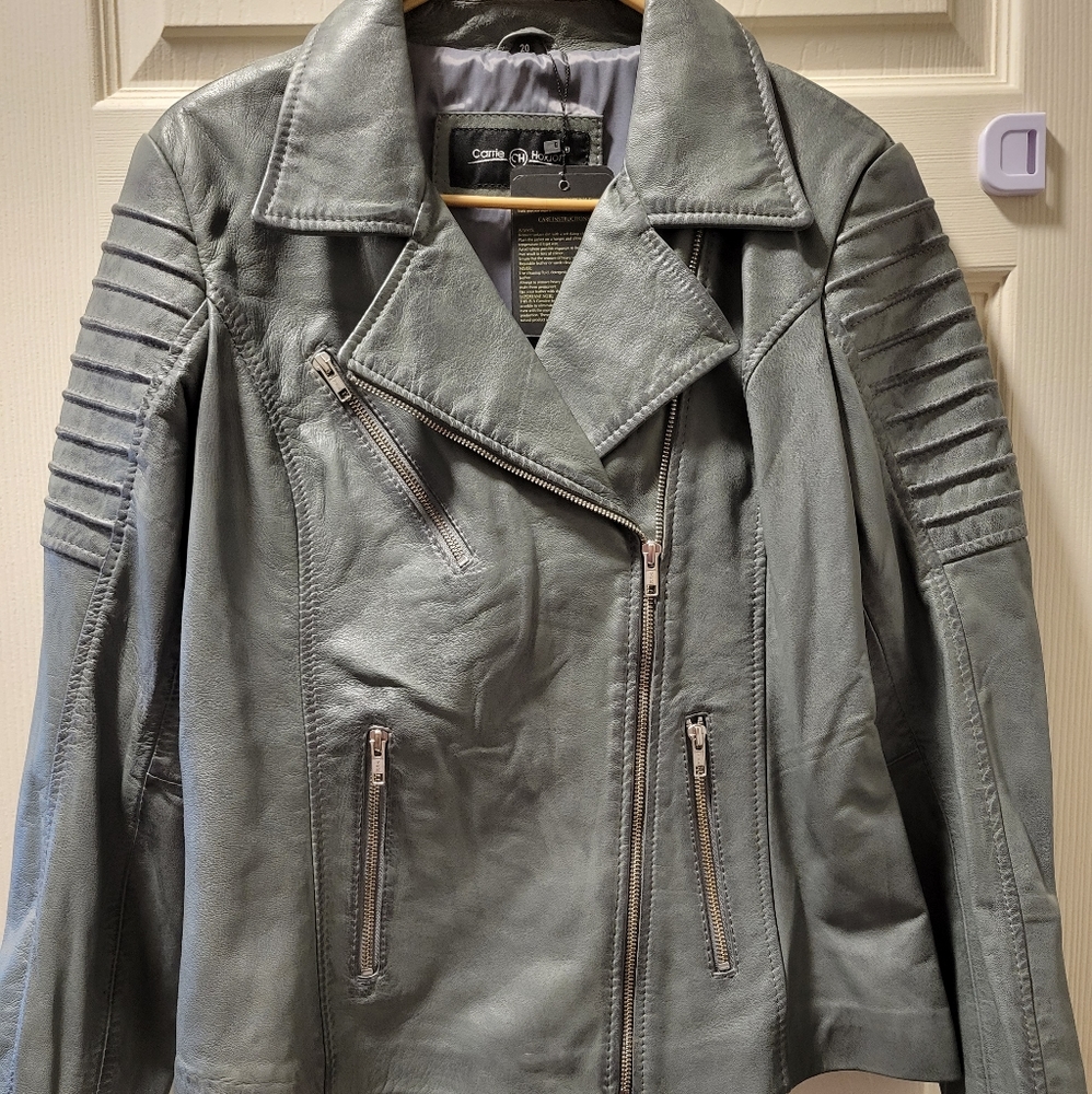 Genuine Lambskin Leather Distressed Grey Moto Jacket, Sz. 16